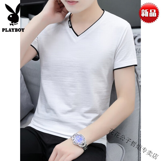 
Playboy (PLAYBOY) high-end brand summer internet celebrity solid color pure cotton short-sleeved T-shirt for men V-neck large-size trendy brand half-sleeved high-end brand--blue gray 691 models--high-end brand M 90-115Jin[Jin equals 0.5 kg]