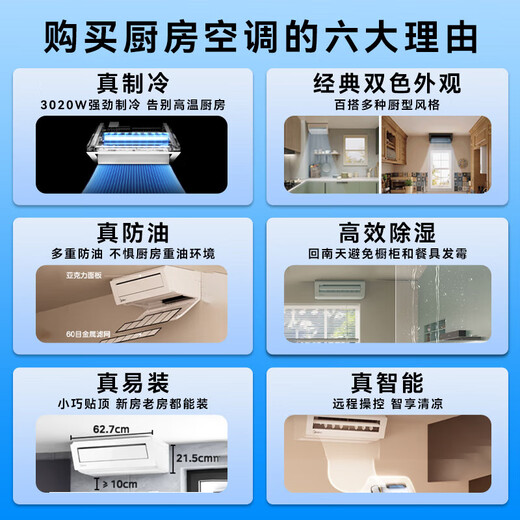 Midea kitchen air conditioner, small cool square, ceiling-mounted 1.5 HP, new level of energy efficiency, frequency conversion energy saving, large cooling capacity of oil fume, special air conditioner for home kitchen, kitchen air conditioner, 1.5 HP, ceiling-mounted XD300, white