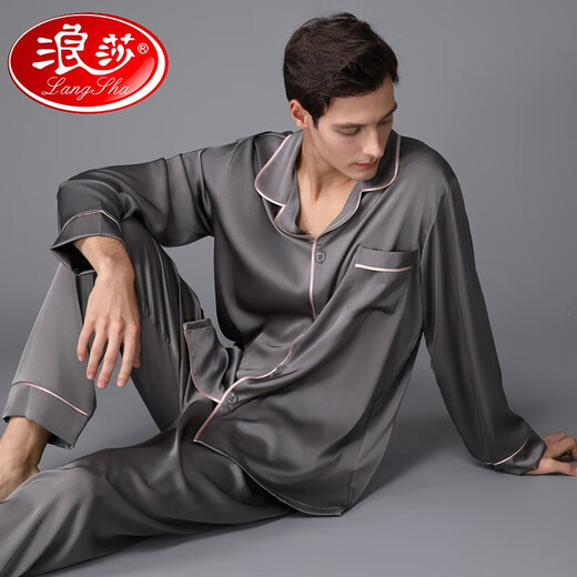 浪莎（LangSha）高端男款睡衣春秋款长袖长裤套装男秋季2025新款感家居服外穿 3899黑灰色 L (体重100到135)