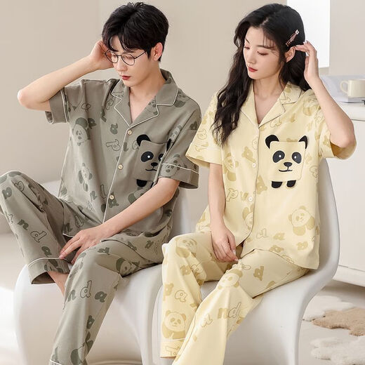 伊蜜魅俩套装情侣款睡衣春夏季女短袖开衫方领男家居服套装 SKS 693 M 女M