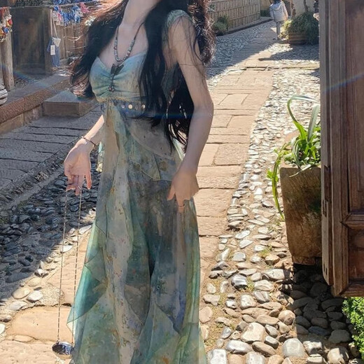 
Lugeli suspender temperament dress for women in summer 2025 new printed slim waist-hugging seaside atmosphere long skirt for women suspender dress [S]