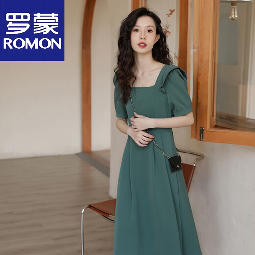 Romon FRINCHS Vestido cuadrado Cuello corto Summer Summer El nuevo diseño de nicho se siente que abraza la cintura y la falda verde adelgazante Trendy Dark Green M recomendado 97-107Jin [Jin iguala 0.5 kg]