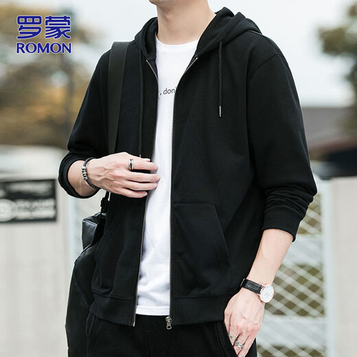 ROMON Cardigan Sweater Men's Spring and Autumn Hooded Jacket Men's Casual Sports Jacket Men's Top Black XL