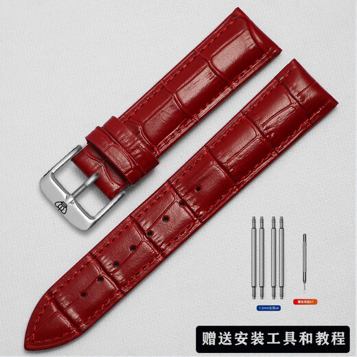 真皮手表带3874/51154/5914/3886/5844男女情侣表链棕色 红色+银色针扣 表带接口宽度12mm