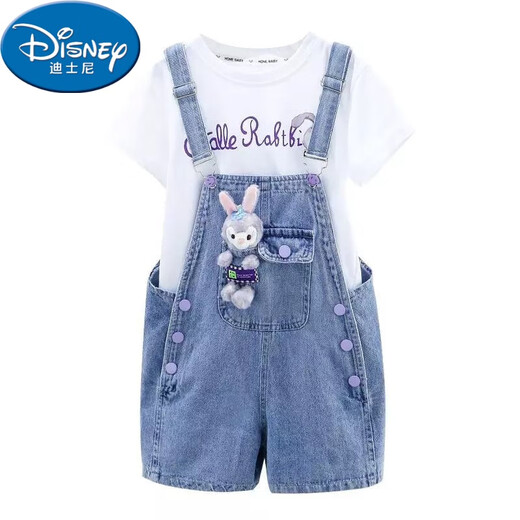 迪士尼（Disney）女童背带裤套装夏季2025新款中大童薄款短袖吊带裤子儿童牛仔短裤 背带裤+T恤 120码建议身高110厘米