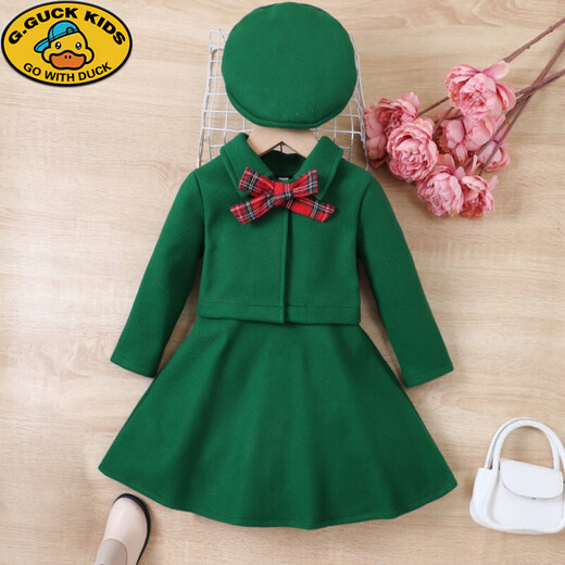G.DUCKKIDS Girls' Suit Winter Bow Woolen Jacket Vest Skirt Hat Three-piece Set Winter Warm Clothes Middle and Older Children Gray 120cm