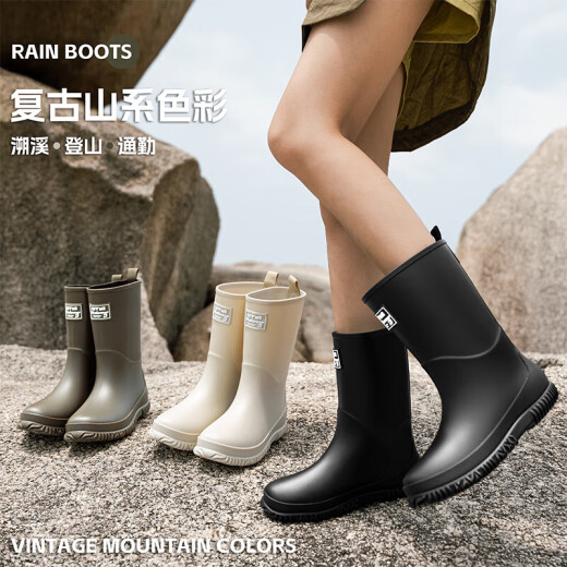 雨鞋女款2025新款时尚户外防滑雨靴登山徒步赶海防水胶鞋通勤水鞋 M011米白色 37