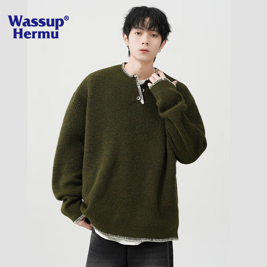 WASSUP HERMU official sweater men's autumn and winter retro atmosphere sweater niche design Henry collar lazy top jacket apricot L (recommended 130-150Jin Jin equals 0.5 kg)