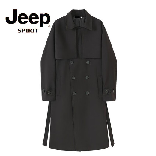 JEEP Spring and Autumn Style Mid-Length Windbreaker Men's Korean Style Loose Trendy Handsome Over-the-Knee Coat Double-Breasted Trench Jacket Black Cotton Thickened M 105-125Jin Jin equals 0.5 kg