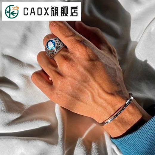 CAOXYUKI Men's 925 Sterling Silver Ring Personalized Retro Omniscient Eye Blue Stone Trendy Index Finger Men's and Women's Summer Silver Ring Tanzanite Purple I weighs about 13 grams Hong Kong No. 1424 Adjustable