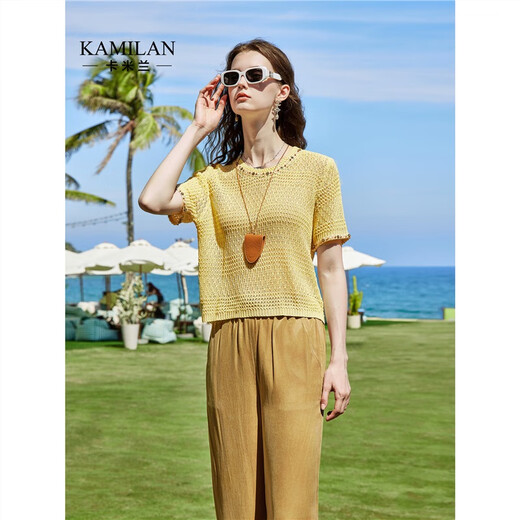 Kamilans einzigartiger und wunderschöner kurzärmeliger Pullover für Frauen 2025 Sommer Neues loses Design Chic Agerecing Top Yellow S