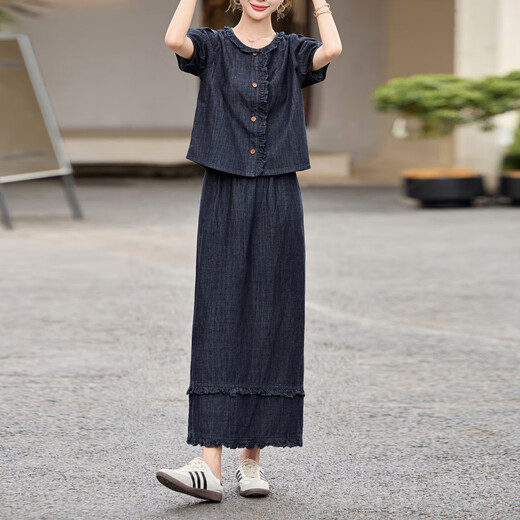 Ehangy国际轻奢高端女装连衣裙新款夏季2025气质显瘦收腰舒适小个子裙子 藏青【高端礼盒】 L [105-115斤]