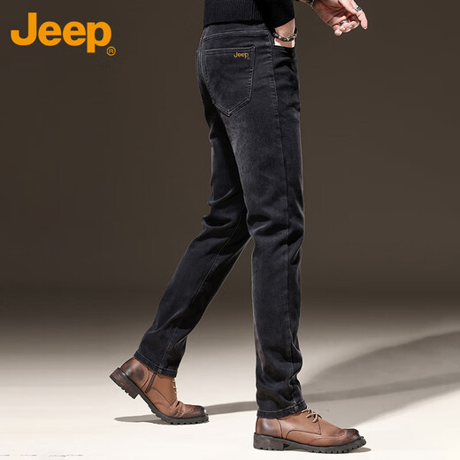 JEEP jeans men's autumn and winter high-end straight casual elastic thickened long pants for men black gray 32