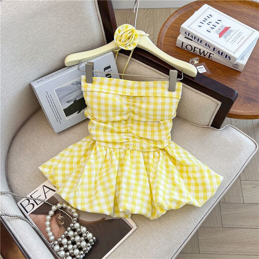 Banfishi sweet pink plaid tube top for women's summer outer wear three-dimensional flower ribbon halter neck wrap skirt small top yellow S