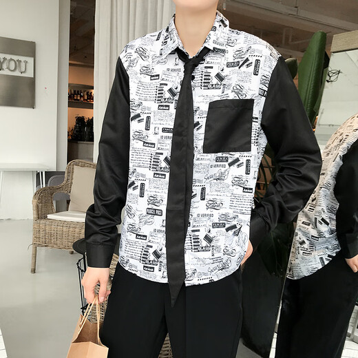 Fhhuabd sommer dünnes Zeitungshemd Herren koreanische lose und hübsche Langarmhemd trendy und gutaussehendes Krawattenhemd 9928 s