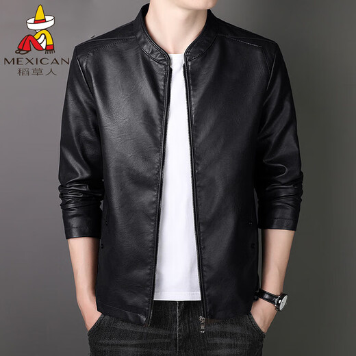 Scarecrow's new leather jacket for men in spring, autumn and winter, fashionable washed solid color slim fit business casual PU leather jacket plus velvet jacket 8802 black plus velvet style XL (recommended 120-140Jin Jin equals 0.5kg)