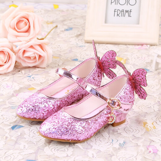 BAOZOUXIE Girls' Single Shoes Butterfly Princess Shoes Children's High-heeled Leather Shoes Little Girls Crystal Shoes Host Dance Performance Blue Size 31 Shoes Inner Length 19.5cm