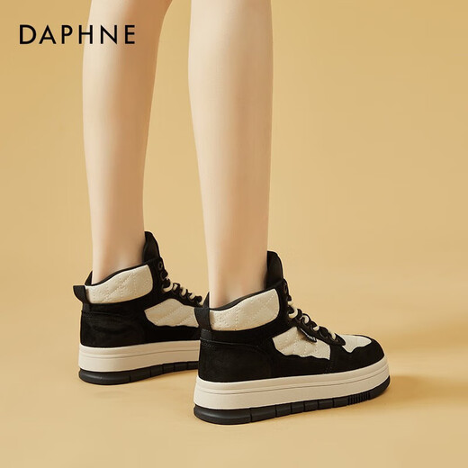 达芙妮（DAPHNE）厚底高帮老爹鞋女新款女鞋春秋款百搭学生休闲运动熊猫板鞋 黑色 单层 跟高4.5cm 38 (240mm)