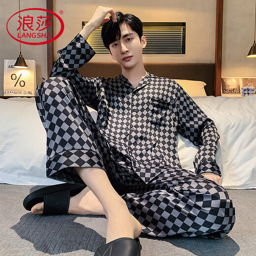 Langsha Luxury Luxury Men's Pyjamas Spring and Automne Silk Silk à manches longues Set Men's Summer 2025 Nouveaux vêtements d'ameublement à domicile haut de gamme 6627 Gray Zong L (100-125jin [Jin est égal à 0,5 kg]))