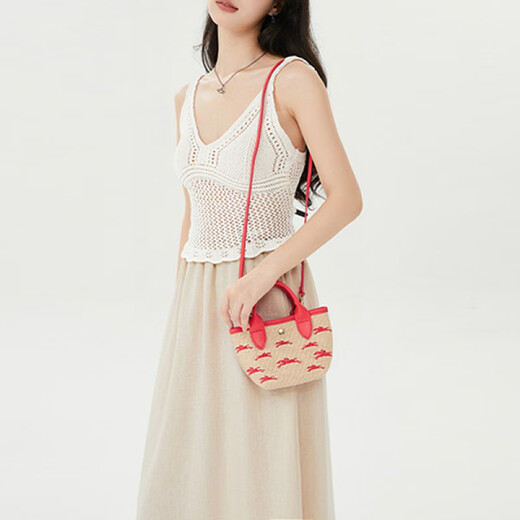 珑骧（longchamp）手提包LONGCHAMPLePanierPliage徽标Logo按扣开合帆布拼牛皮革斜 基础装(包)
