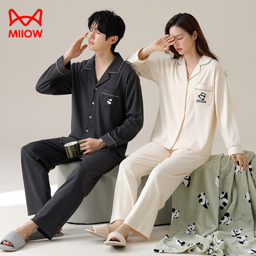 
Cat Man (MiiOW) pure cotton couple pajamas for women in autumn and winter cardigans long sleeves trousers 2025 spring and autumn large size men's home clothes can be worn outside 02D16803 women 02D16803 men XL women-