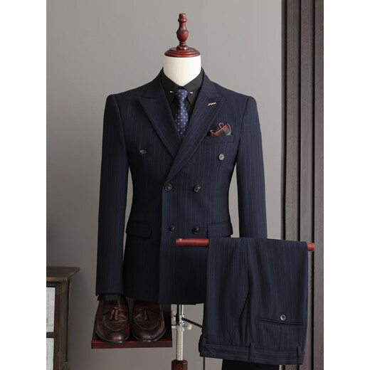 CEO Yageol Anzug Herrener Britisch-Slim-Fit-Geschäft Pendeln formelle Kleidung gestreiftes Licht Luxusanzug dreiteiliger Set Bräutigam Knoten Schwarzer Anzug + Hosen, schwarzes Hemd und Krawatten 46