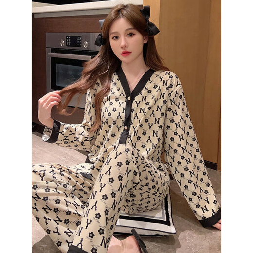 Victoria's style [counter quality] Mickey pajamas for women's summer ice silk two-piece set 2024 new large size women's spring and autumn style home 869#NY flowers L