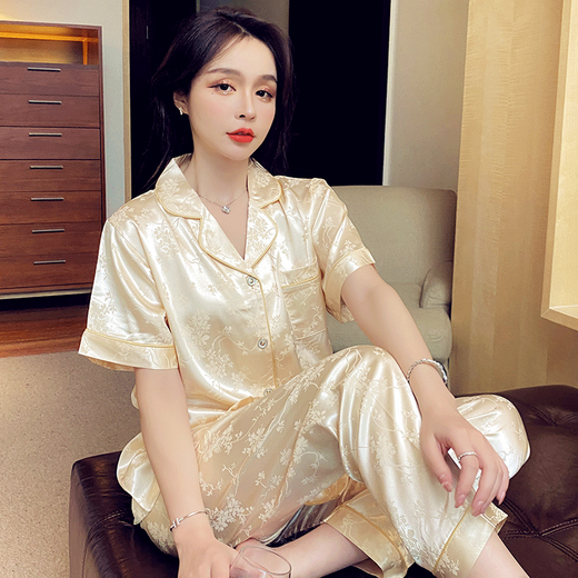 Pajamas de Qindu, Seda de seda de hielo Sexy Silk Silk Silk Summer Summer Summer Pantalones de manga corta Tamaño grande Jin [Jin equivale a 0.5 kg] Ropa en el hogar 694# H letra Set de tres piezas M (recomendado 80-100 Jin [Jin iguala 0.5 kg])