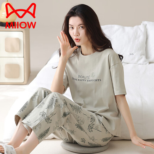 猫人（MiiOW）2025年新款睡衣女士夏季纯棉短袖长裤可外穿休闲品牌家居服套装 YZT9719 L 【建议100-120斤穿】