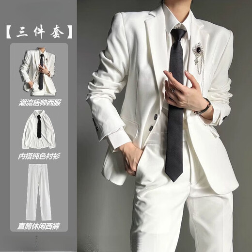 An Chuxia white high-end right shoulder suit for men ins relaxed neutral style handsome minimalist suit jacket for men and women three-piece white suit + white shirt + white trousers black L