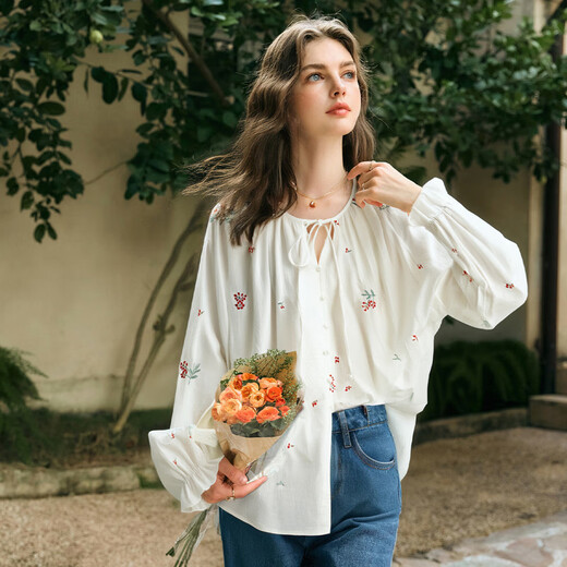 Olrain Französisch Pastoral bestickte Hemd Frauen Herbst New Lose Lazy Longleved Shirt Off White L.