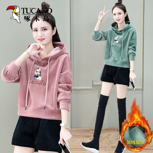 Woodpecker double-sided gold velvet sweatshirt for women in autumn and winter new loose plush thickened short jacket fashionable top pink_[added plush thickened] S_suggested [80-95Jin[Jin equals 0.5 kg]]
