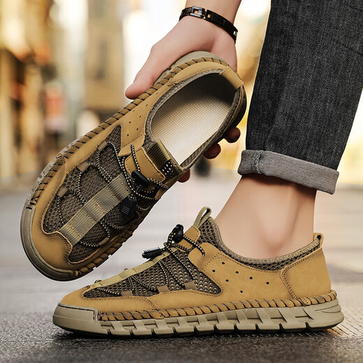 
Microfiber leather sandals men's French leather shoes for spring and summer new genuine leather hollow hole shoes soft sole casual beach shoes for men khaki [Microfiber leather A681] 46