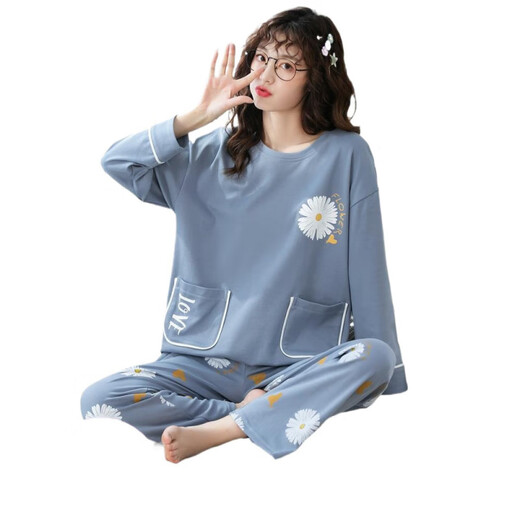 常缕竺女士新款家居服套装款2024天年可爱大码夏长袖秋冬季纯棉睡衣春秋 OY693 M (适合体重80-100斤)