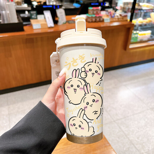 优观水杯保温杯保温杯学生女款带吸管大容量车载水杯 BXAB10975吉伊咔哇 520ML配挂绳白色彩绘打印
