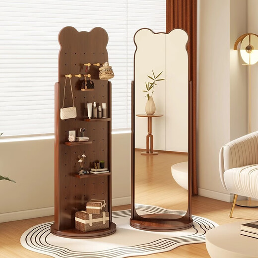 Meizhule bear can rotate full-body floor-standing mirror stereoscopic mirror home bedroom fitting mirror hole board dressing mirror one-piece mirror solid wood walnut brown 40*168 hole board