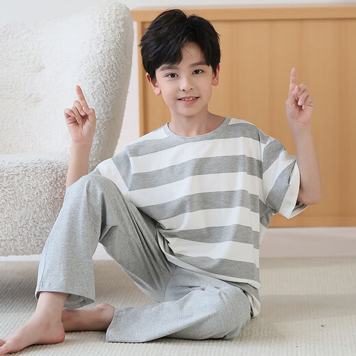 Mannido pajamas boys summer new short-sleeved trousers boys big children spring and autumn teenagers pure cotton children air-conditioned home clothing N9901 [short length] 165 L size recommended 160-165cm