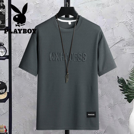 花花公子（PLAYBOY）男士短袖t恤时尚潮流ins休闲夏季简约青少年重磅半袖体恤圆领衣服 H829灰 M