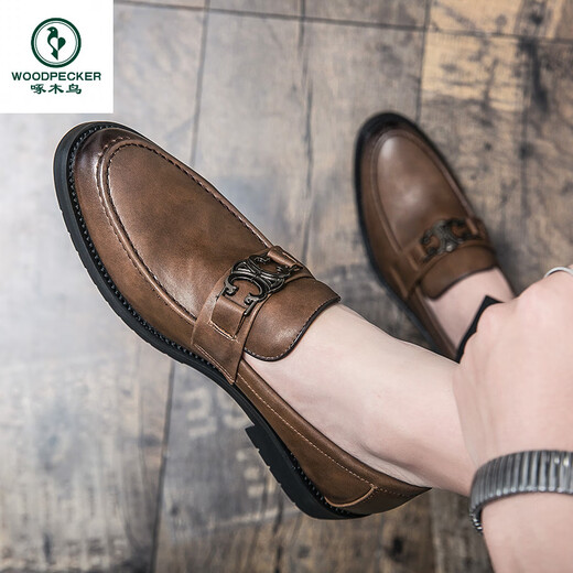 
Woodpecker summer new style lazy man kicks bean shoes men's business retro casual leather shoes nightclub hair stylist trendy shoes 3522 black 38