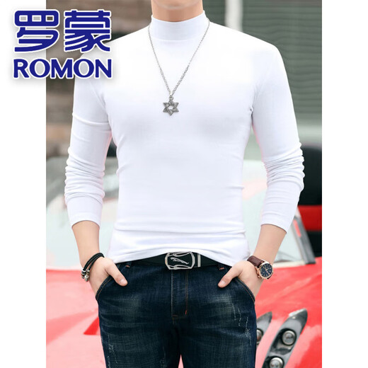 ROMON pure cotton half-high collar men's long-sleeved T-shirt slim-fit thick autumn and winter solid color inner warm tight-fitting bottoming shirt top Brown XL 140Jin Jin equals 0.5kg, left and right