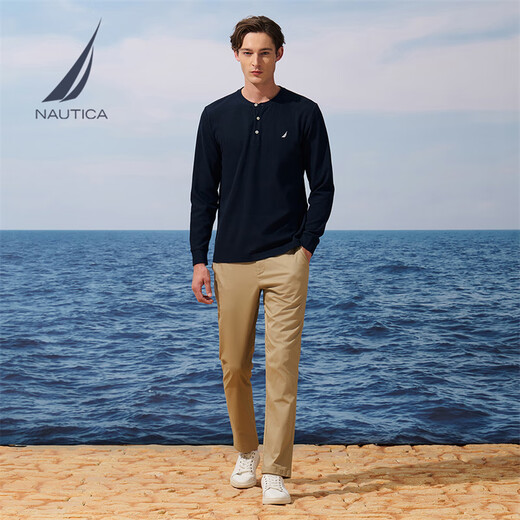 NAUTICA shopping mall same style men's 25 autumn and winter new cotton blended waffle henley collar long-sleeved T-shirt for men TO5303 Navy 4NV L