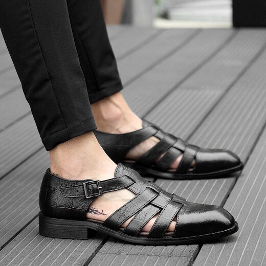 Kangaroo (DAISHU) broken code 2025 head layer cowhide summer new style men's bag-toe formal leather sandals genuine leather soft sole handmade hollow hole 9195 black 38