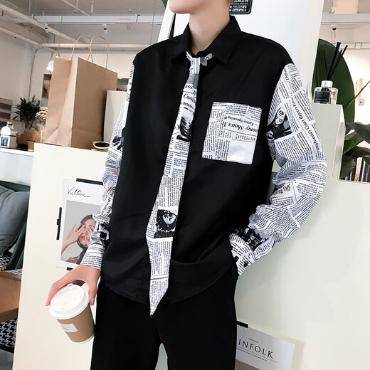 Fhhuabd sommer dünnes Zeitungshemd Herren koreanische lose und hübsche Langarmhemd trendy und gutaussehendes Krawattenhemd 9928 s
