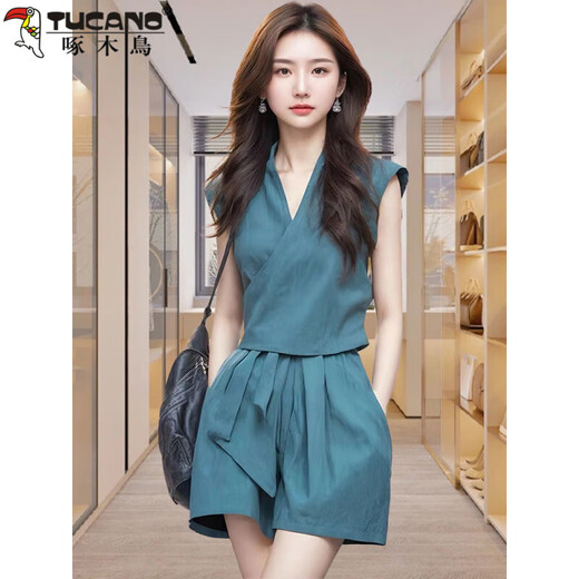 Woodpecker (TUCANO) cotton niche vest shorts goddess suit 2025 summer new style dignified fashion age-reducing two-piece set 5247 blue L [Suggested 105-115Jin [Jin equals 0.5 kg]]
