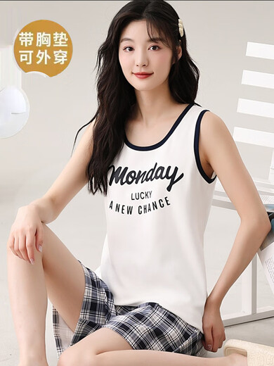莫代尔背心睡衣女夏季薄款自带胸垫一体可外穿舒适棉夏天无袖家居服套装 背心套装[带胸垫]Y1105 XL 女3码建议140-15f