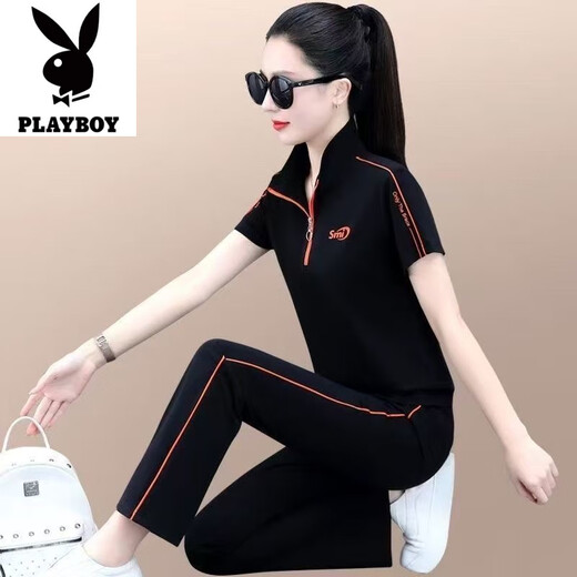 Playboy (Playboy) Mode-Set für Frauen 2025 Sommer neues modisches Alter reduziert schlankende Kurzschlämchen Top Wide Lein Hosen lässig zweiköpfig trendy schwarze Single-Hosen-Schauen Sie sich Bilder-Flaggschiff Modell 2xl _Suggiert 125-140jin [Jin gleich 0,5 kg]
