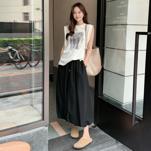 MeiYANG (MEIYANG) big white cloud skirt light sweet cotton sweet and acetic acid blend_flower bud mid-length skirt black L