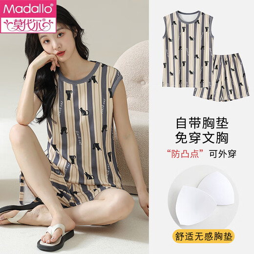 Modal vest with chest pad for women pajamas for women for summer pure cotton thin summer striped sleeveless home clothing set can be worn outside large size chest pad for women vest set-F9859 XL women recommended 120-130Jin [Jin equals 0.5 kg]