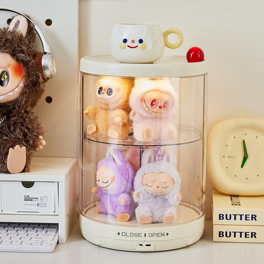 GOTOlabubu Bubble Mart blind box lighting display cabinet dust-proof transparent rotating figure storage box doll storage rack rotating figure box (double-layer electric with light model)