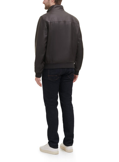 Tommy Hilfiger Men's Faux Leather Bomber Casual Jacket Ribbed Knit Collar Dark Brown 2X